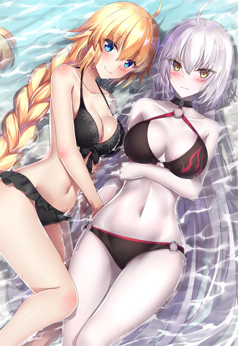 ahoge arm_under_breasts bangs bare_arms bare_shoulders bikini black_bikini black_choker blonde_hair blue_eyes blush braid breast_hold breasts brown_eyes choker closed_mouth collarbone commentary_request eyebrows_visible_through_hair fate/grand_order fate_(series) hair_between_eyes jeanne_d'arc_(alter_swimsuit_berserker) jeanne_d'arc_(fate)_(all) jeanne_d'arc_(swimsuit_archer) large_breasts long_hair looking_at_viewer lying multiple_girls navel o-ring o-ring_bikini o-ring_bottom o-ring_top on_back on_side pale_skin partially_submerged rong_yi_tan shallow_water silver_hair single_braid smile swimsuit very_long_hair water