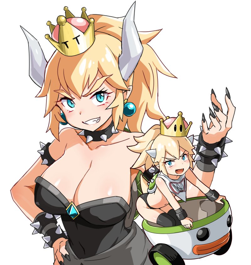 :d alternate_eye_color aqua_eyes armlet bare_arms bare_shoulders black_dress black_nails blonde_hair borrowed_design bowsette bowsette_jr. bracelet breasts cleavage collar commentary_request covered_nipples crown dress earrings evil_grin evil_smile expressive_clothes eyebrows_visible_through_hair eyelashes facial_hair fang flat_chest grin horns jewelry koopa_clown_car large_breasts long_hair looking_at_viewer mario_(series) multiple_girls nail_polish new_super_mario_bros._u_deluxe open_mouth petanko ponytail princess riding sapphire_(stone) scarf shirtless simple_background size_difference slit_pupils smile spiked_armlet spiked_bracelet spiked_collar spiked_shell spikes super_crown super_mario_bros. sweat t_t thick_eyebrows thighhighs turtle_shell upper_body v-shaped_eyebrows white_background zaxwu