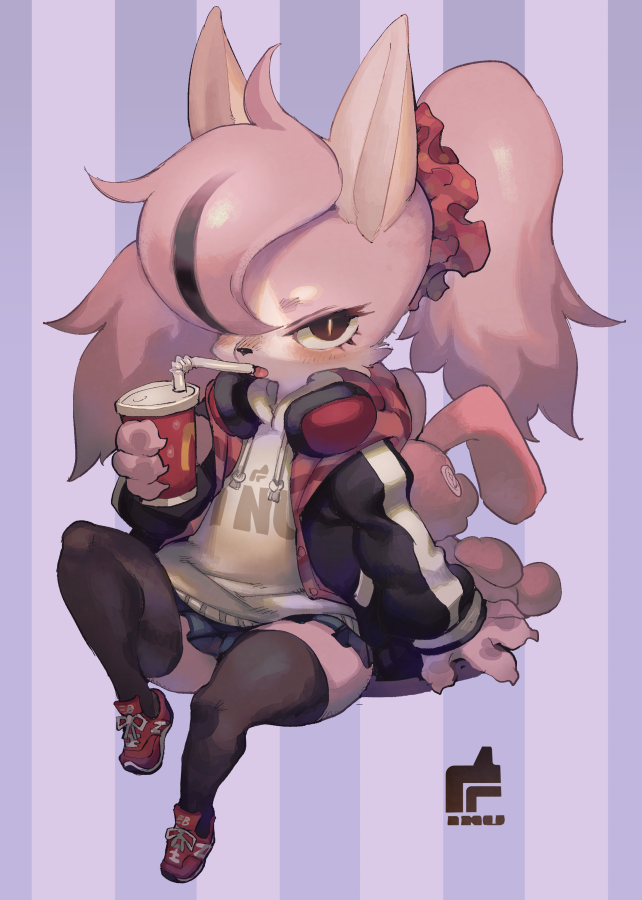 4_fingers angry anthro beverage black_nose canine claws clothing dog female footwear fur hair headphones headphones_around_neck jacket kemono lagomorph legwear looking_at_viewer mammal mcdonald's multicolored_hair open_mouth pink_fur pink_hair plushie rabbit ricosye simple_background skirt sneakers solo thigh_highs young
