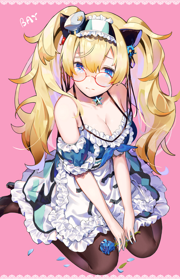 alternate_costume apron bangs bespectacled black_footwear blonde_hair blue_eyes blue_flower blue_rose blush border breasts brown_legwear character_name chinese_commentary choker cleavage collarbone commentary_request detached_sleeves dress enemy_lifebuoy_(kantai_collection) enmaided eyebrows_visible_through_hair fading flower frilled_dress frills frown gambier_bay_(kantai_collection) glasses hair_between_eyes hairband hat head_tilt headdress high_heels holding holding_flower kantai_collection lace_border large_breasts long_hair looking_at_viewer maid maid_apron maid_headdress messy_hair mini_hat pantyhose petals pink_background puffy_sleeves red-framed_eyewear rose round_eyewear sidelocks simple_background sitting solo star star_choker twintails wariza yamano_(yamanoh)