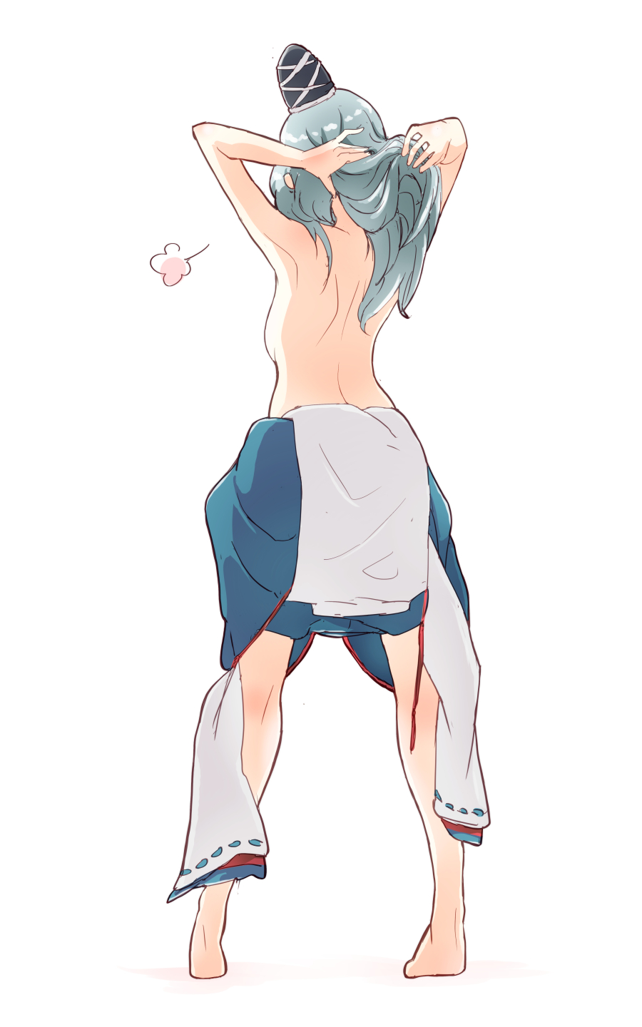 =3 adjusting_hair armpits arms_up bare_legs barefoot black_hat blouse blue_skirt breasts breath clothes_around_waist commentary_request from_behind full_body hair_down hands_in_hair hat hat_ribbon highres long_hair long_sleeves medium_breasts mononobe_no_futo non_(z-art) ribbon ribbon-trimmed_sleeves ribbon_trim shadow shoulder_blades sideboob silver_hair simple_background skirt solo standing tate_eboshi topless touhou undressing white_background white_blouse white_ribbon wide_sleeves