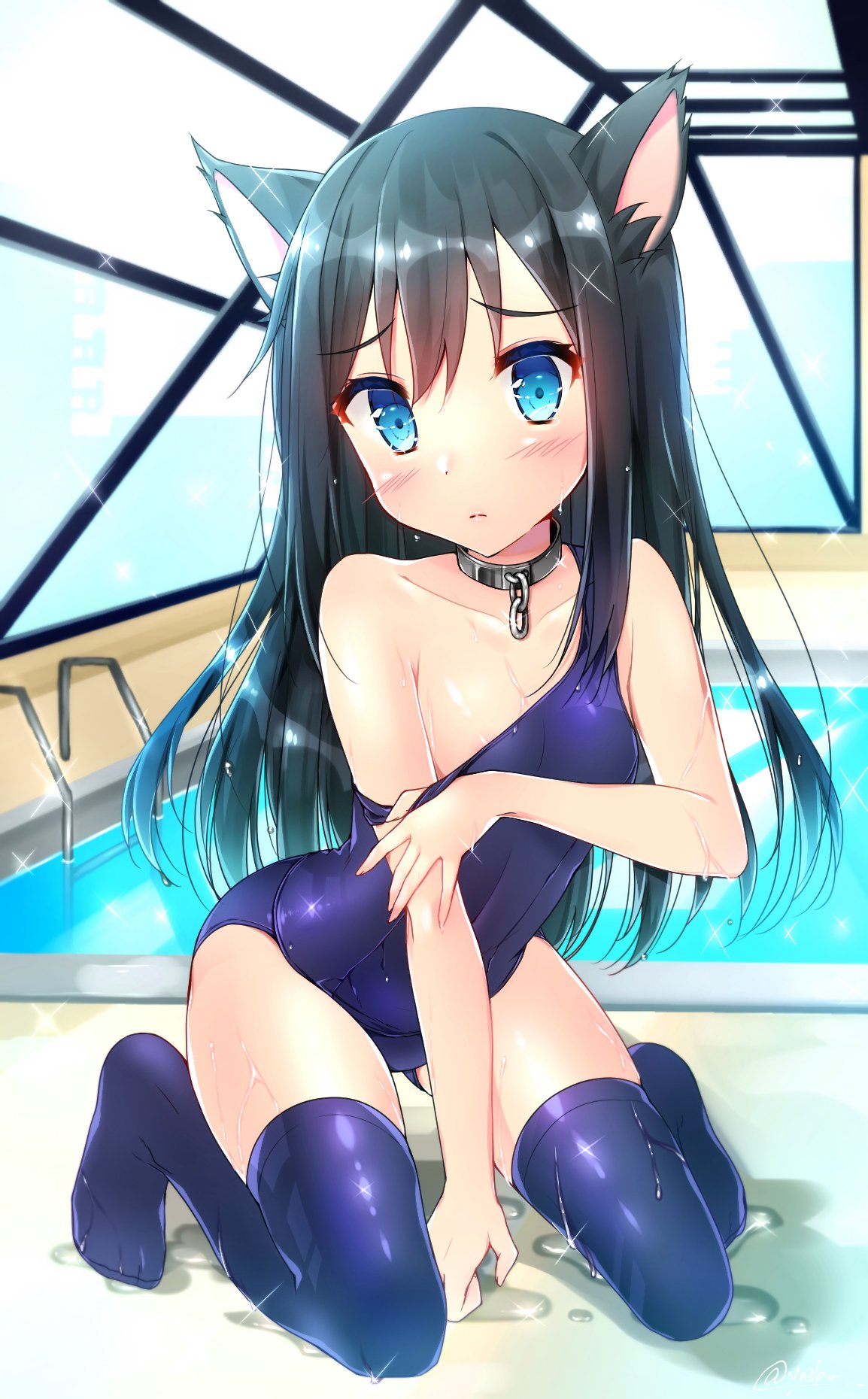 alternate_costume animal_ears areolae asashio_(kantai_collection) bangs black_hair blue_eyes blue_legwear blue_swimsuit blush breasts cat_ears closed_mouth collar collarbone commentary_request day eyebrows_visible_through_hair hair_between_eyes highres kantai_collection long_hair looking_at_viewer no_shoes old_school_swimsuit one-piece_swimsuit pool pool_ladder rei_no_pool school_swimsuit school_uniform shiny shiny_clothes solo sparkle swimsuit thighhighs undressing water wet wet_clothes yuuzaki