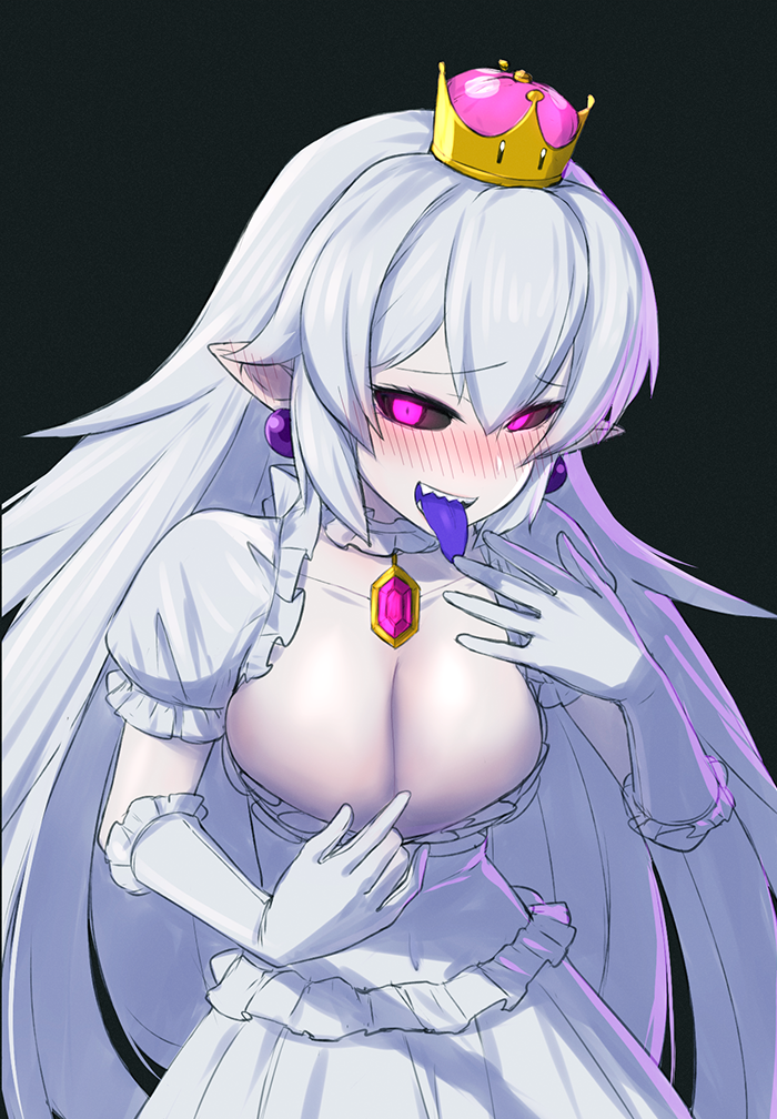 black_background black_sclera blush breasts cleavage crown dress_pull earrings eyebrows_visible_through_hair gem gloves glowing glowing_eyes hand_up iwahana jewelry large_breasts long_hair looking_at_viewer luigi's_mansion mario_(series) new_super_mario_bros._u_deluxe nose_blush pink_eyes pointy_ears princess_king_boo puffy_short_sleeves puffy_sleeves sharp_teeth short_sleeves silver_hair simple_background smile solo super_crown super_mario_bros. teeth tongue tongue_out upper_body very_long_hair white_gloves