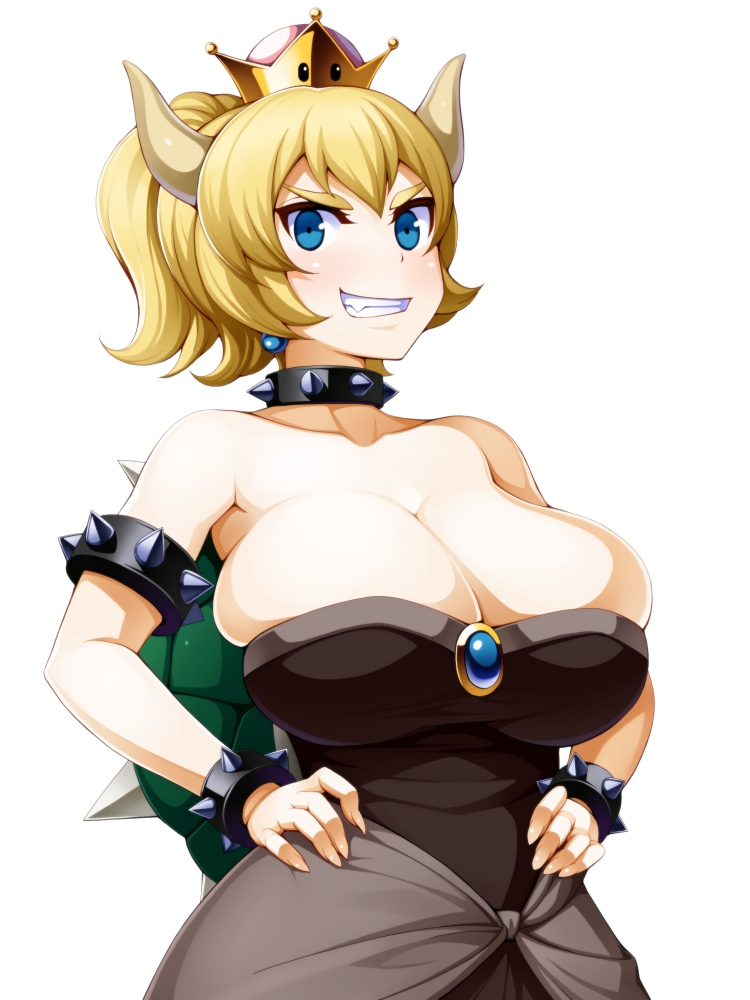 bare_shoulders black_dress blonde_hair blue_eyes bowsette bracelet breasts cleavage collarbone commentary_request crown dress fang grin hands_on_hips horns huge_breasts jewelry looking_at_viewer mario_(series) new_super_mario_bros._u_deluxe short_hair simple_background smile solo spiked_armlet spiked_bracelet spiked_shell spikes super_crown torigoe_takumi white_background