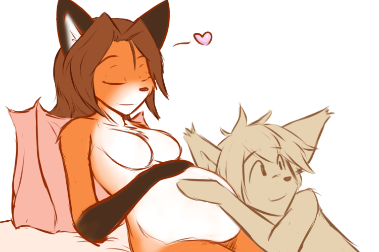 &lt;3 2018 anthro basitin bed bed_sheet bedding belly big_belly breasts canine chest_tuft digital_media_(artwork) duo eyes_closed featureless_breasts female fox fur hair hand_on_stomach happy head_on_stomach keidran keith_keiser laura_(twokinds) long_hair male mammal nude pillow pregnant simple_background sleeping smile tuft twokinds white_background wolfie-pawz