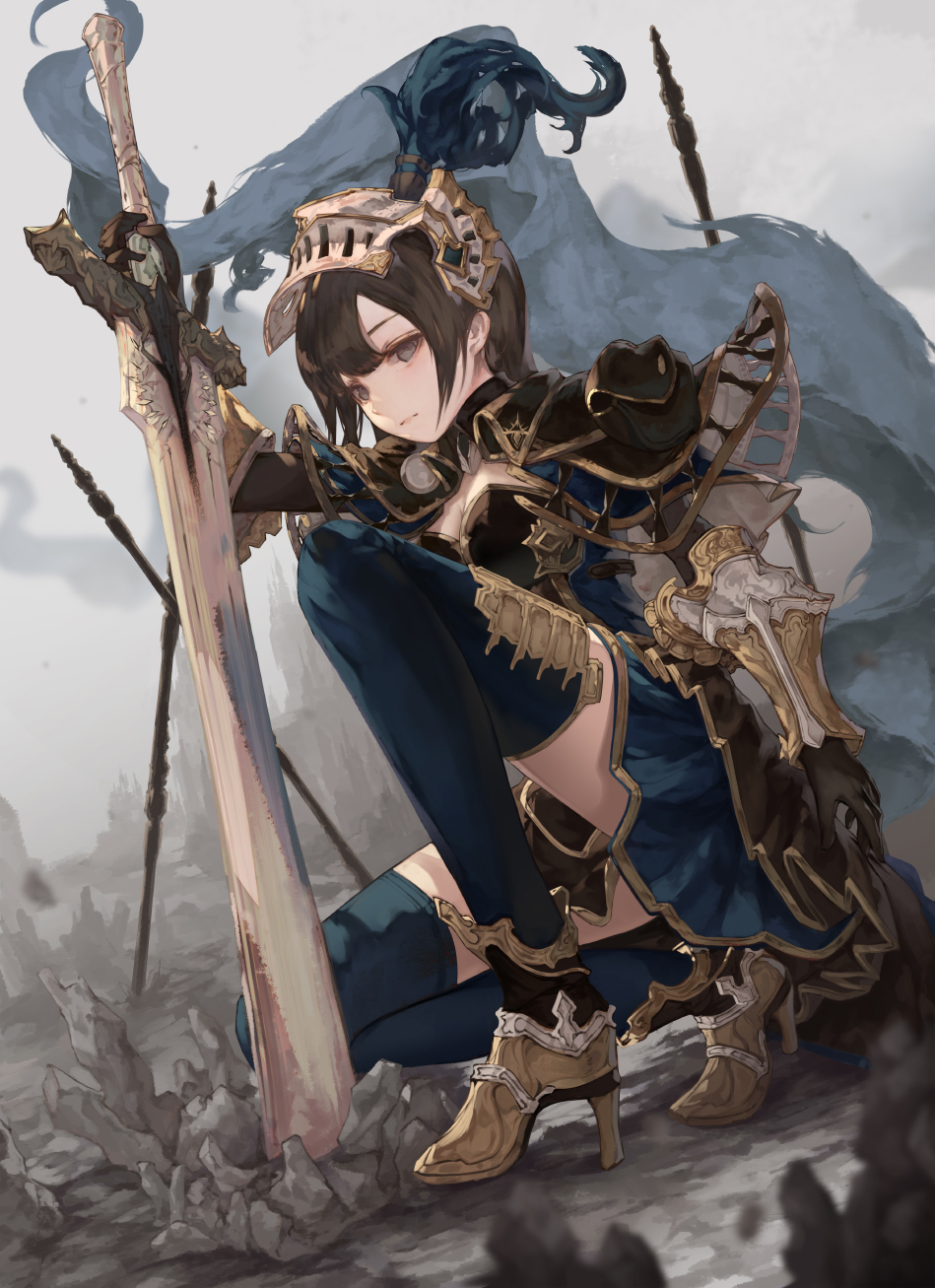 bangs black_gloves black_legwear breasts brown_hair cleavage commentary expressionless gloves grey_eyes high_heels highres holding jname looking_at_viewer medium_breasts original outdoors pauldrons planted_sword planted_weapon solo squatting sword thighhighs vambraces weapon