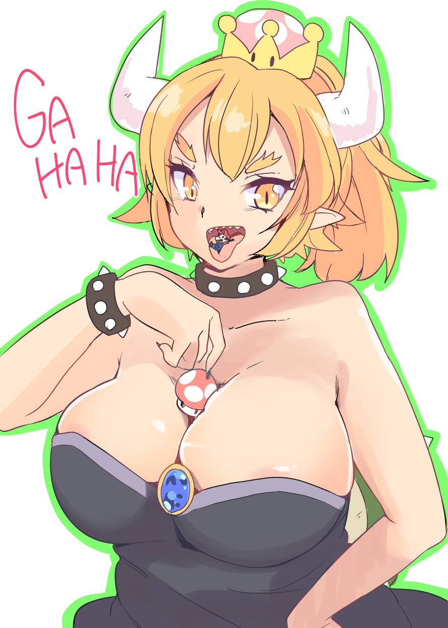 1boy 1girl areola_slip areolae bare_shoulders blonde_hair bowser bowsette breasts cleavage collar crown fuyuno_mikan genderswap genderswap_(mtf) large_breasts mario mario_(series) mushroom nintendo pointy_ears simple_background spiked_collar spikes super_mario_bros. tongue tongue_out vore white_background yellow_eyes