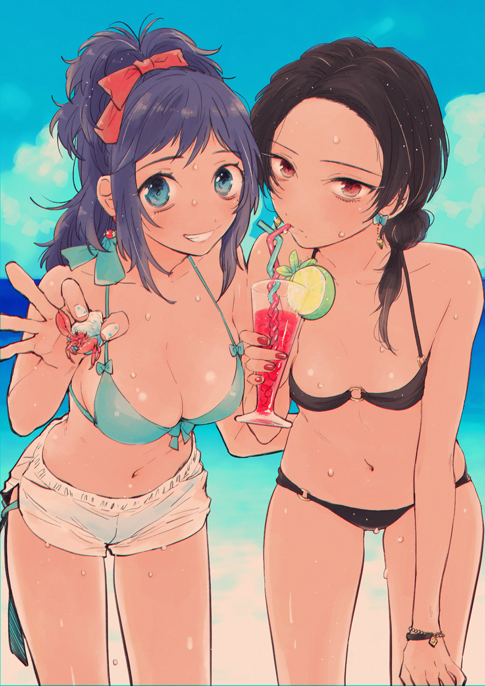 beach bikini bikini_top black_bikini blue_bikini_top blue_eyes blue_hair blue_sky bow breasts brown_hair cup day drinking_glass drinking_straw earrings genderswap genderswap_(mtf) grin hair_bow hermit_crab highres jewelry kashuu_kiyomitsu leaning_forward medium_breasts mole mole_under_eye mole_under_mouth multiple_girls nail_polish o-ring o-ring_bikini ponytail red_eyes red_nails shigeru shorts sky small_breasts smile swimsuit touken_ranbu water yamato-no-kami_yasusada