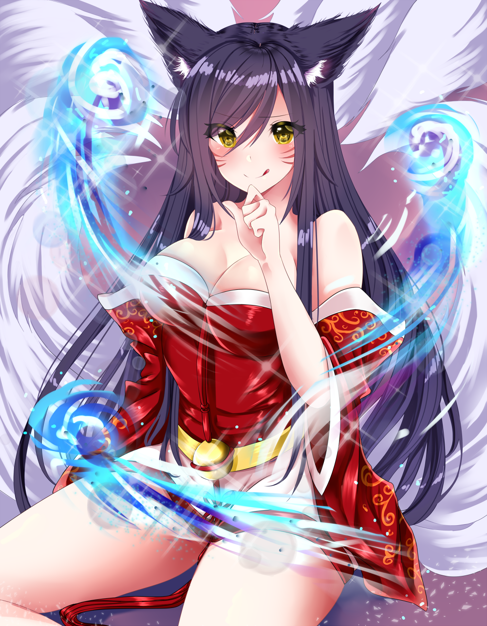 ahri animal_ears bare_shoulders black_hair blush breasts cleavage detached_sleeves facial_mark fox_ears fox_girl fox_tail highres korean_clothes large_breasts league_of_legends lips long_hair looking_at_viewer mintmia11 multiple_tails slit_pupils solo tail tongue tongue_out whisker_markings yellow_eyes