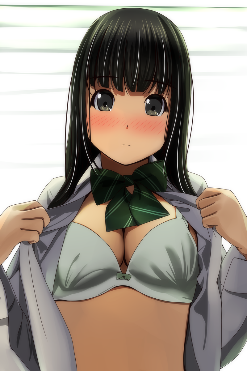 backlighting bangs black_eyes black_hair blinds blush bow bow_bra bra breasts cleavage closed_mouth commentary_request day diagonal_stripes eyebrows_visible_through_hair green_bow highres long_hair long_sleeves looking_at_viewer matsunaga_kouyou medium_breasts nose_blush open_clothes open_shirt original shirt solo striped striped_bow sunlight underwear white_bra white_shirt