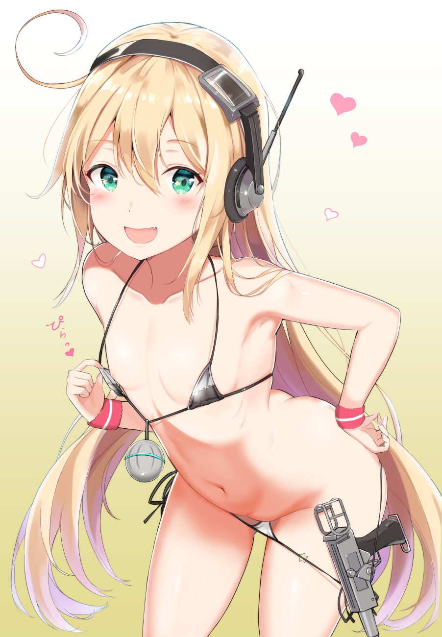 albacore_(azur_lane) areola_slip areolae ass azur_lane bangs bikini bikini_tug blonde_hair blush breasts butt_crack collarbone commentary_request eyebrows_visible_through_hair fang flying_heart green_eyes gun hair_between_eyes hand_on_hip headphones headset highres leaning_forward long_hair looking_at_viewer loose_bikini navel open_mouth ribs sidelocks silver_bikini small_breasts smile solo stomach swimsuit takaharu thighs weapon wristband