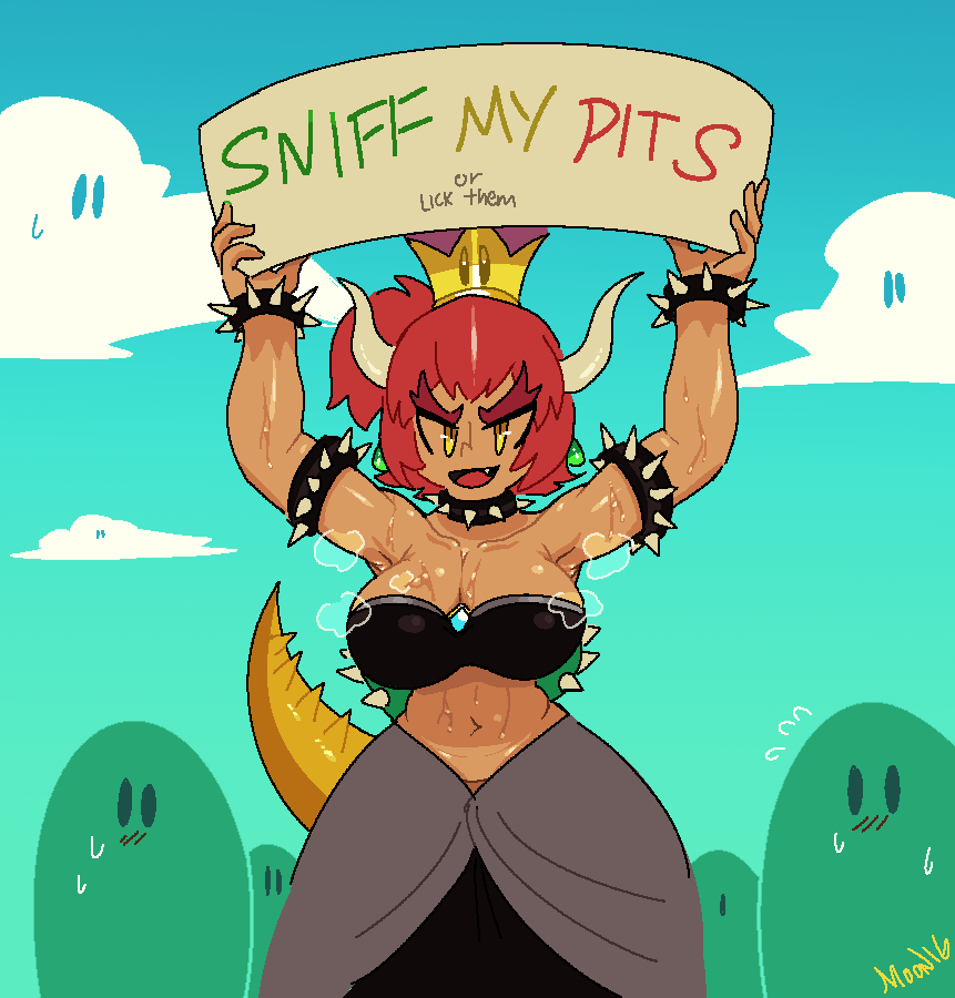 2018 animal_humanoid armpit_fetish bowser bowsette_meme bracelet breasts clothed clothing collar crossgender crown dark_skin ear_piercing female hair horn humanoid jewelry koopa koopahime lilmoonie looking_at_viewer mario_bros nintendo open_mouth piercing red_hair scalie sign solo spiked_bracelet spiked_collar spikes steam super_crown sweat video_games