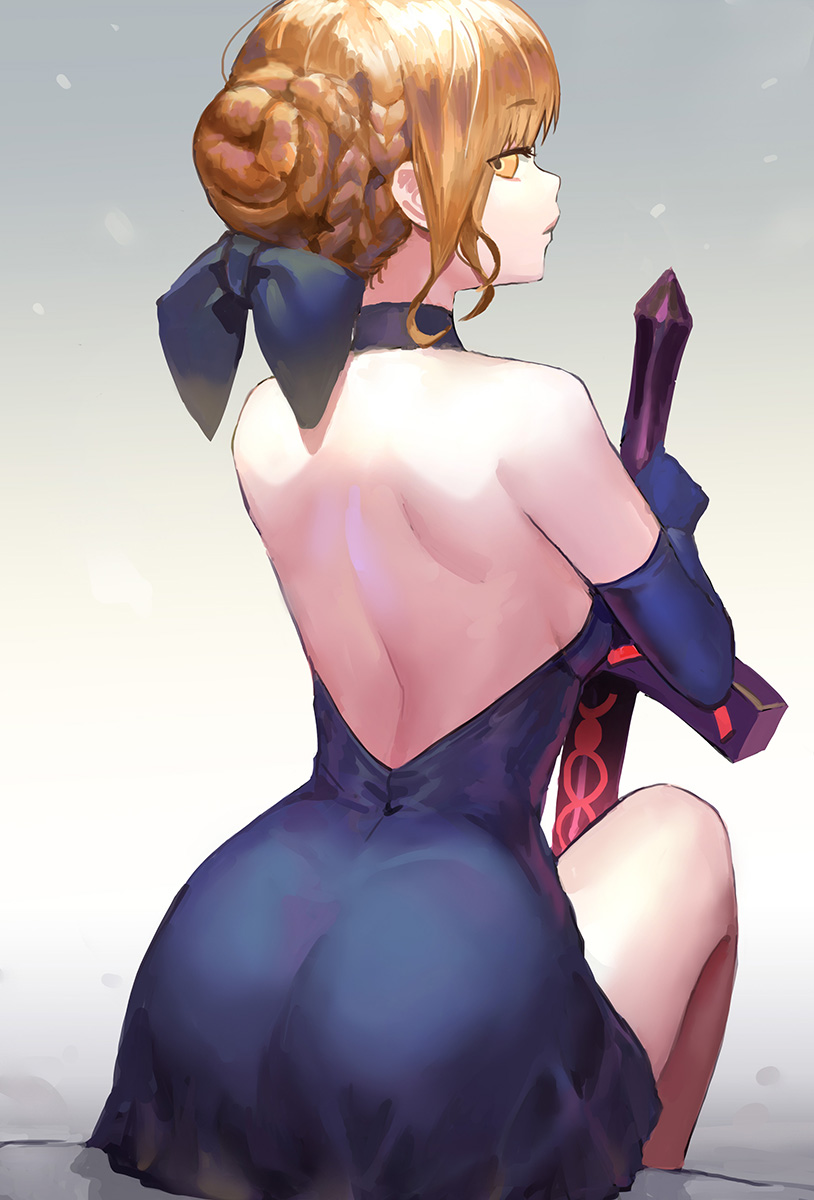 artoria_pendragon_(all) ass backless_dress backless_outfit bangs blue_bow blue_choker blue_dress blue_gloves bow braid braided_bun brown_eyes brown_hair choker closed_mouth commentary danann dark_excalibur dress elbow_gloves eyebrows_visible_through_hair fate/grand_order fate_(series) gloves hair_bow hair_bun hands_on_hilt highres looking_at_viewer looking_back profile saber_alter shoulder_blades sitting solo strapless strapless_dress sword weapon