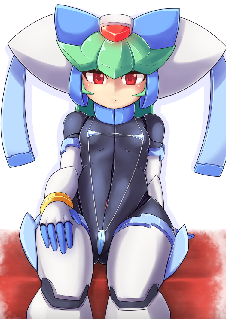 1girl android breasts capcom female green_hair hand_on_knee helmet isitubute pandora_(rockman) red_eyes rockman rockman_zx simple_background sitting slingshot_swimsuit small_breasts solo string_bikini swimsuit white_background