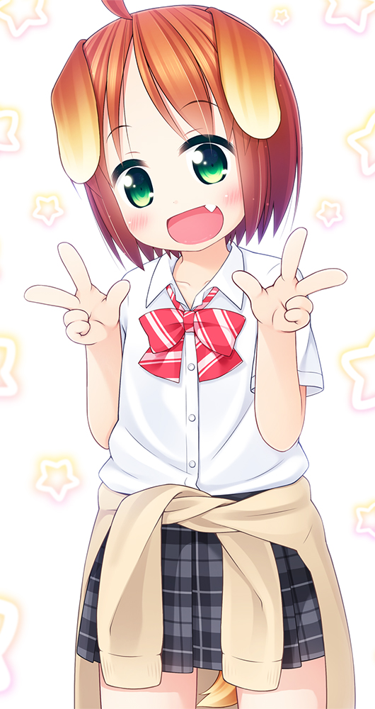 :d ahoge animal_ears bangs blush bow brown_cardigan brown_hair cardigan_around_waist clothes_around_waist collared_shirt commentary_request cowboy_shot diagonal_stripes dog_ears dog_girl dog_tail double_w dress_shirt eyebrows_visible_through_hair fang green_eyes grey_skirt hands_up head_tilt inuarashi looking_at_viewer meiko_(inuarashi) open_mouth original plaid plaid_skirt pleated_skirt red_bow shirt short_hair skirt smile solo standing star starry_background striped striped_bow sweater_around_waist tail w white_background white_shirt