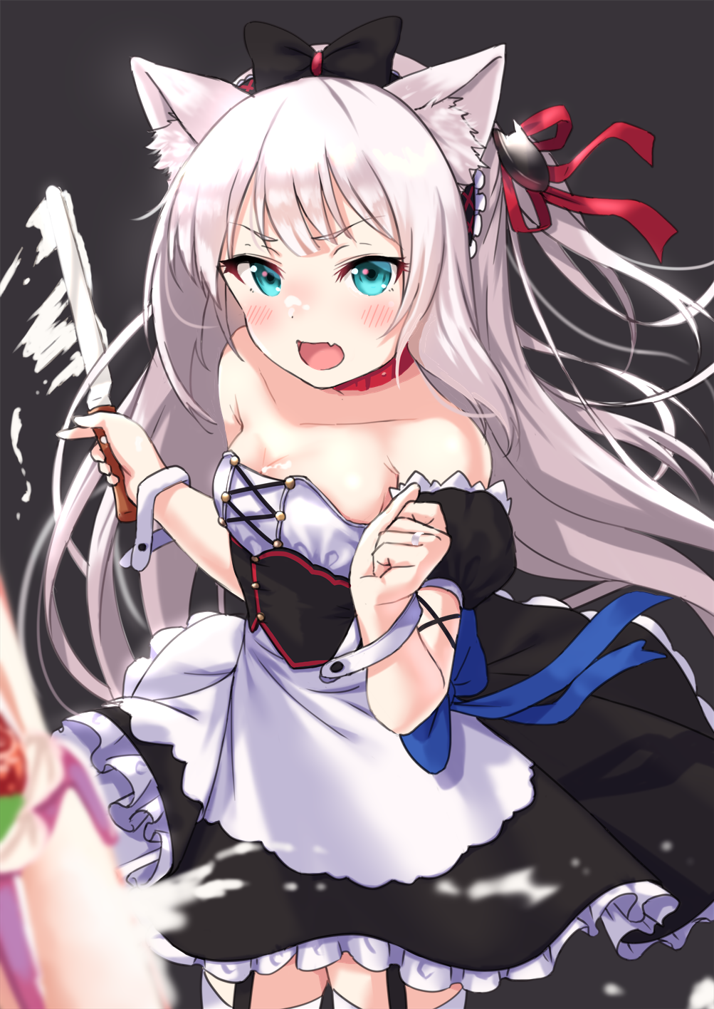 azur_lane bangs bare_shoulders black_background black_dress blue_bow blue_eyes blurry blurry_foreground blush bow breasts cake cleavage commentary_request depth_of_field detached_sleeves dress eyebrows_visible_through_hair fang food garter_straps hair_ribbon hammann_(azur_lane) highres holding holding_knife jewelry knife long_hair medium_breasts one_side_up open_mouth puffy_short_sleeves puffy_sleeves red_ribbon remodel_(azur_lane) ribbon ring short_sleeves silver_hair simple_background slashing solo standing strapless strapless_dress thighhighs tsukiman very_long_hair wedding_band white_legwear wrist_cuffs