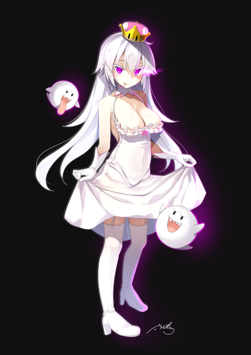 bare_shoulders black_background blush boo breasts choker cleavage commentary_request crown dress eyebrows_visible_through_hair full_body garter_straps ghost gloves glowing glowing_eyes hair_between_eyes highres large_breasts long_hair looking_at_viewer luigi's_mansion mario_(series) new_super_mario_bros._u_deluxe open_mouth personification princess_king_boo purple_eyes sharp_teeth signature smile super_crown super_mario_bros. teeth thighhighs tongue tongue_out white_dress white_footwear white_gloves white_hair white_legwear yanagi_yuu