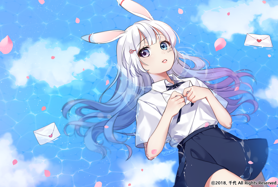 2018 afloat animal_ears bangs black_skirt blue_eyes blue_sky blush bunny_ears chyoling cloud collared_shirt commentary commission cowboy_shot day envelope eyebrows_visible_through_hair heart heterochromia holding holding_envelope letter long_hair love_letter lying on_back original outdoors parted_lips partially_submerged petals purple_eyes reflection shirt short_sleeves silver_hair skirt sky solo symbol_commentary very_long_hair water watermark white_shirt