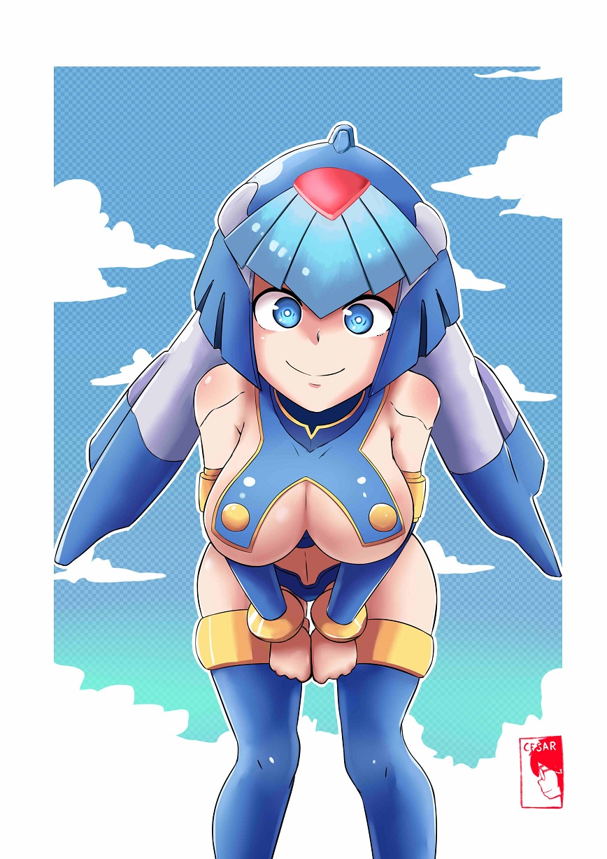1girl android bent_over blue_eyes blue_helmet boots border breasts capcom cloud female helmet leviathan_(rockman) looking_at_viewer medium_breasts rockman rockman_zero sky smile solo thigh_boots thighhighs white_border