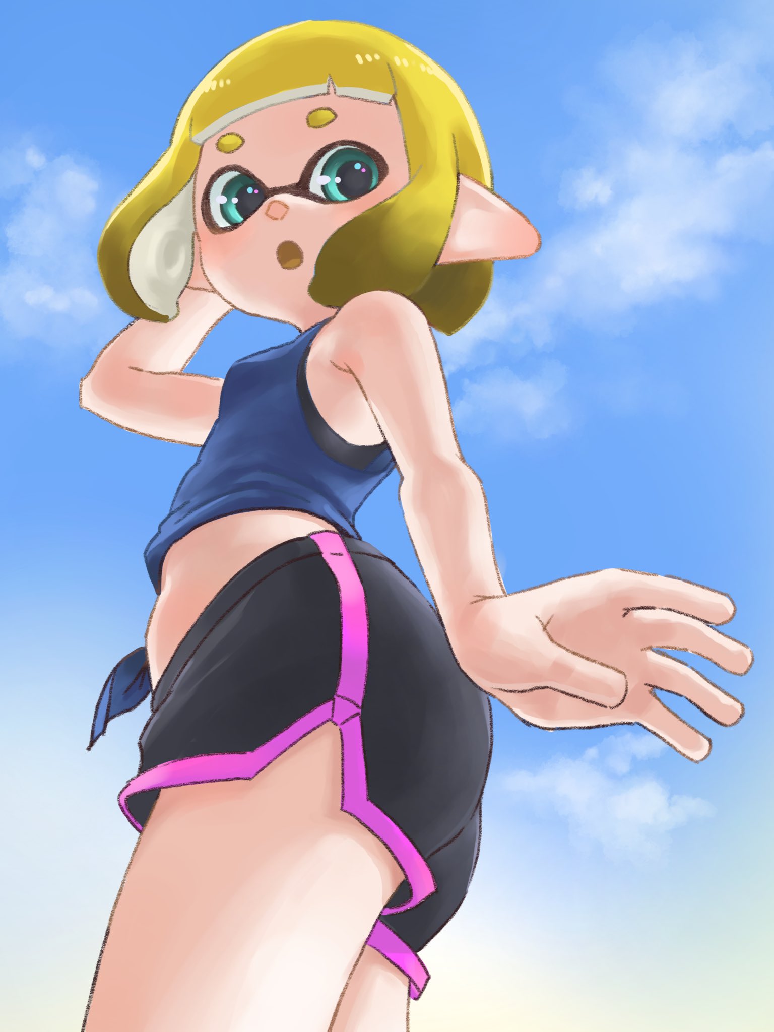 1girl :o ass breasts day dondoruma female from_below gym_shorts inkling midriff navel nintendo open_mouth outdoors pointy_ears short_shorts shorts small_breasts solo splatoon