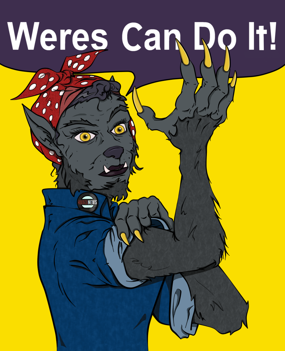 2016 bandanna canine claws clothed clothing digital_drawing_(artwork) digital_media_(artwork) english_text eyelashes fangs female fur grey_fur hi_res humor josephaconite mammal parody pin_button pointy_ears poster pun rosie_the_riveter solo text were werewolf yellow_claws yellow_eyes