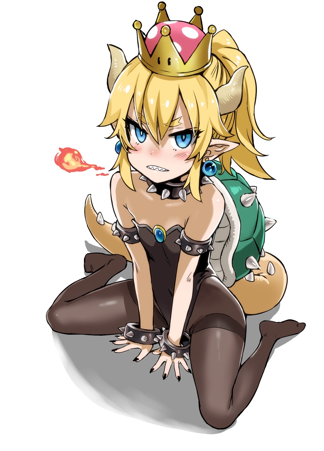arm_support armlet asanagi bangs bare_shoulders between_legs black_legwear black_leotard black_nails blonde_hair blue_eyes blush bowsette bracelet breathing_fire clenched_teeth collar commentary_request crown earrings feet fingernails fire flat_chest gem hair_between_eyes hand_between_legs high_ponytail highleg highleg_leotard highres horns jewelry leotard lizard_tail looking_at_viewer mario_(series) medium_hair nail_polish new_super_mario_bros._u_deluxe no_shoes pantyhose pointy_ears ponytail sapphire_(stone) scowl shadow sharp_teeth short_eyebrows short_pointy_ears sidelocks simple_background sitting solo spiked_armlet spiked_bracelet spiked_collar spiked_shell spiked_tail spikes spread_legs strapless strapless_leotard super_crown tail teeth thighband_pantyhose turtle_shell v-shaped_eyebrows v_arms wariza white_background younger