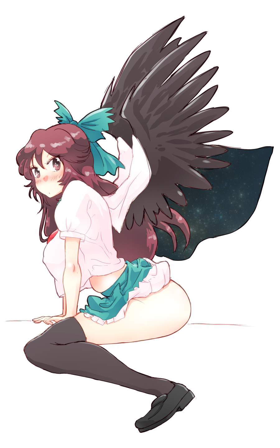 arm_support ass bangs belly black_footwear black_legwear black_wings blush breasts brown_eyes brown_hair cape commentary_request covered_nipples crop_top eyebrows_visible_through_hair frilled_skirt frills green_skirt hair_between_eyes hair_ribbon highres large_breasts leaning_forward loafers long_hair looking_at_viewer miniskirt no_panties non_(z-art) puffy_short_sleeves puffy_sleeves reiuji_utsuho ribbon shirt shoes short_sleeves sitting skirt solo thighhighs thighs touhou white_background white_shirt wings