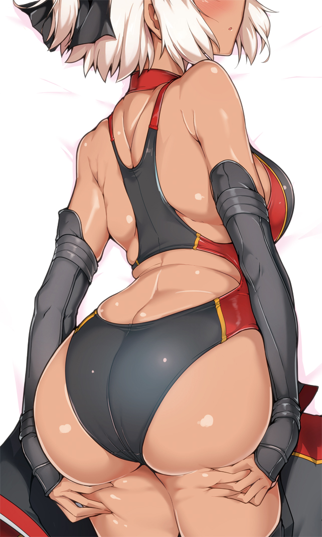 alternate_hairstyle ass back bare_shoulders black_ribbon black_swimsuit blush breasts choker cowboy_shot dakimakura dark_skin deep_skin elbow_gloves fate/grand_order fate_(series) from_behind gloves hair_ribbon harukon_(halcon) head_out_of_frame large_breasts legs_together lying okita_souji_(alter)_(fate) okita_souji_(fate) okita_souji_(fate)_(all) on_stomach one-piece_swimsuit parted_lips red_choker ribbon short_hair smile solo swimsuit white_hair
