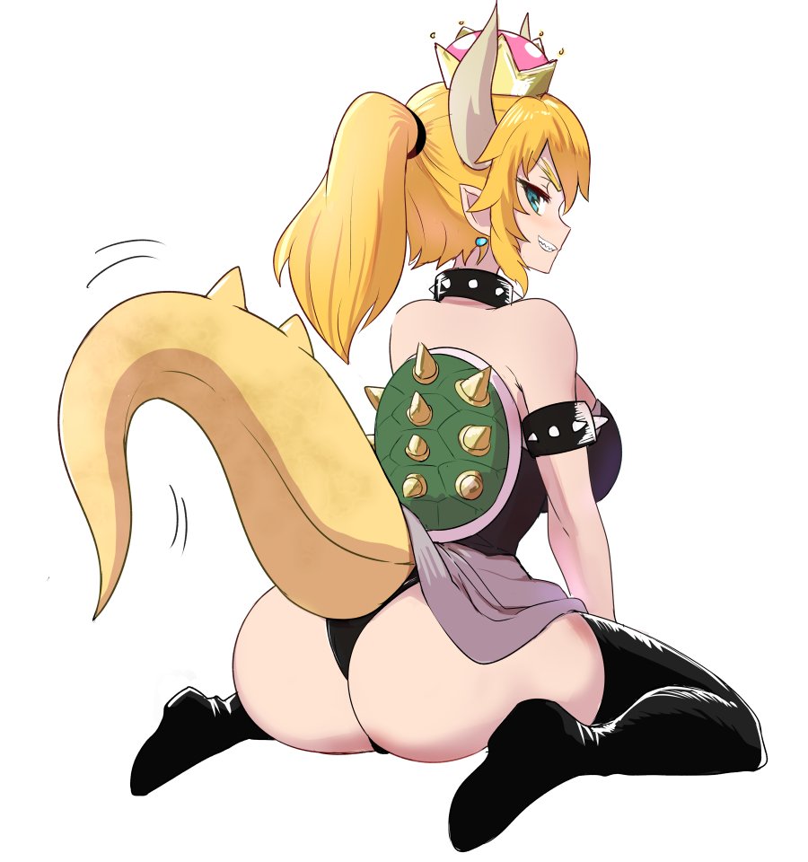 ass blonde_hair blue_eyes bowsette breasts crown horns large_breasts leotard mario_(series) new_super_mario_bros._u_deluxe okamura_(okamura086) ponytail sharp_teeth shell simple_background skirt skirt_lift smile solo spikes super_crown tail teeth thighhighs white_background