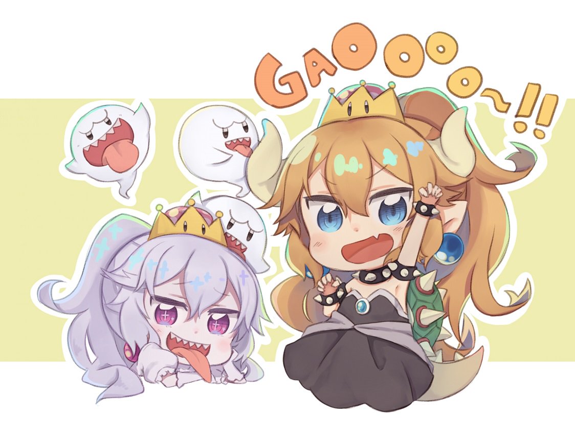 2girls :p armpits arms_up blonde_hair blue_eyes blush boo bowsette bracelet chibi collar commentary_request crown dress eyebrows_visible_through_hair fang gao hair_between_eyes horns jewelry luigi's_mansion mario_(series) multiple_girls new_super_mario_bros._u_deluxe open_mouth pointy_ears princess_king_boo purple_eyes sharp_teeth simple_background spiked_bracelet spiked_collar spikes super_crown tail teeth tongue tongue_out totatokeke turtle_shell white_hair