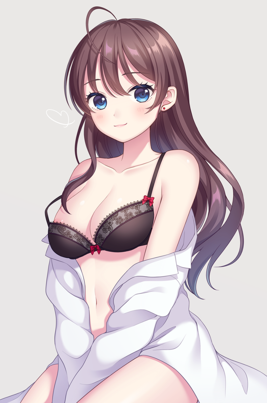 ahoge apron areola_slip areolae bangs black_bra blue_eyes blush bow bow_bra bra breasts brown_hair collarbone commentary_request cowboy_shot ear_piercing eyebrows_visible_through_hair floral_print grey_background hair_between_eyes heart highres ichinose_shiki idolmaster idolmaster_cinderella_girls lips long_hair long_sleeves looking_at_viewer medium_breasts navel off_shoulder open_clothes open_shirt piercing pink_lips red_bow shiny shiny_skin shirt simple_background sitting smile solo stomach strap_slip thighs underwear white_shirt yamayu