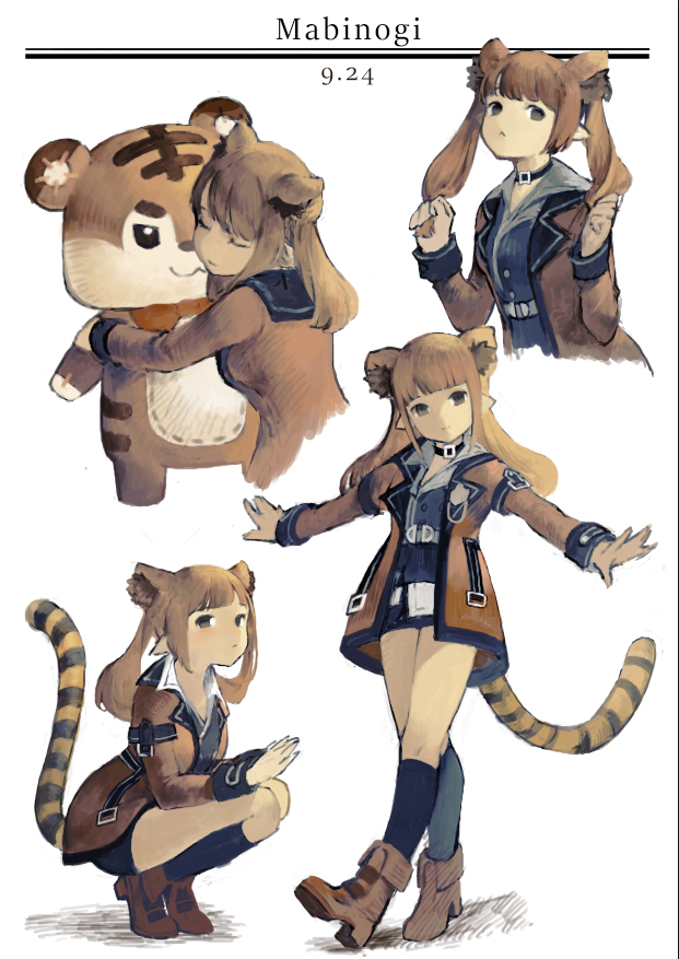 animal_ears animal_print ankle_boots baiguiyu black_choker black_legwear black_sailor_collar boots brown_coat brown_footwear brown_hair choker closed_mouth coat commentary dated grey_eyes long_hair long_sleeves looking_at_viewer mabinogi multiple_views original outstretched_arms pointy_ears sailor_collar simple_background smile socks spread_arms squatting standing stuffed_animal stuffed_toy tail tiger_ears tiger_print tiger_tail twintails walking white_background