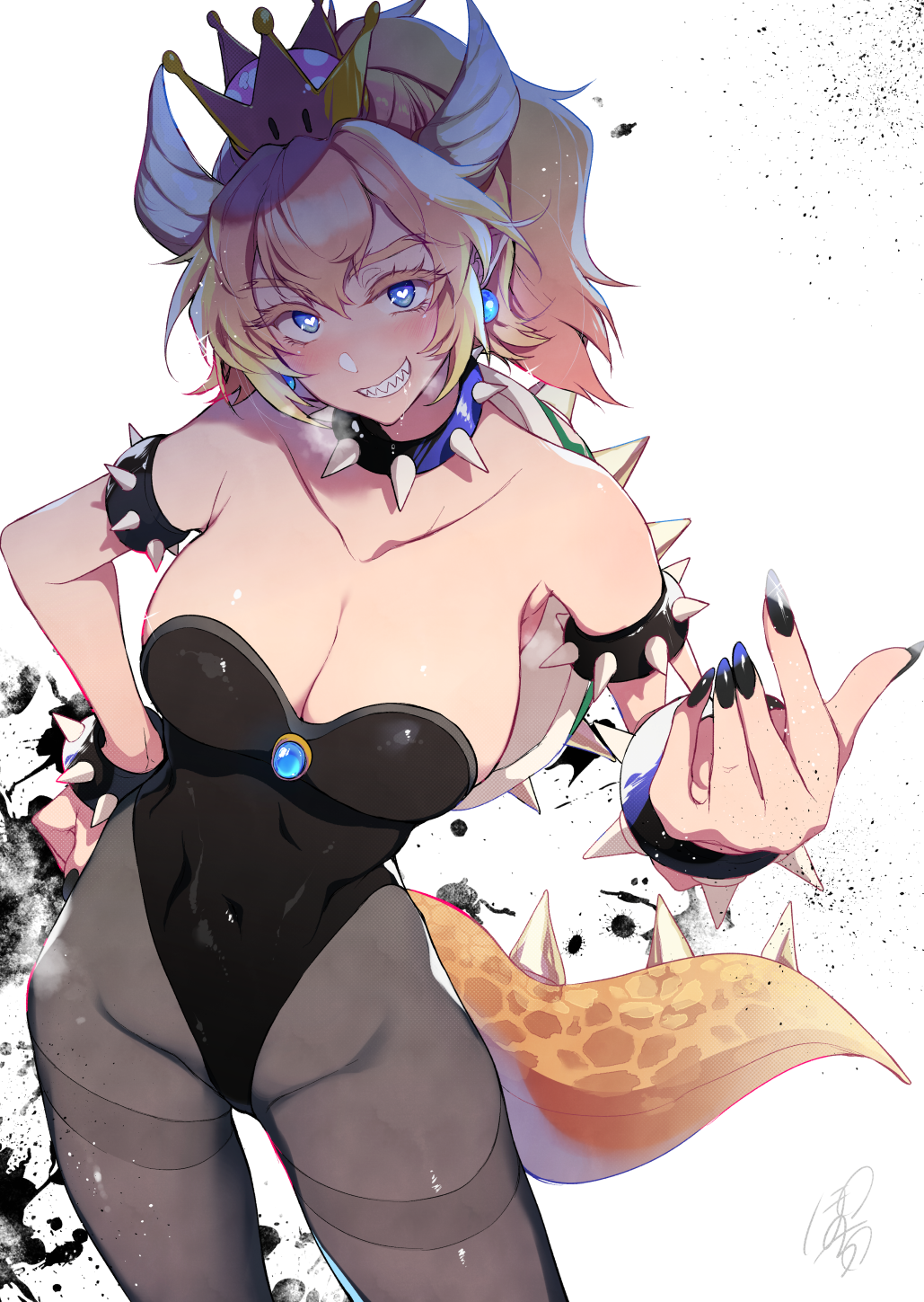 bare_shoulders black_legwear black_leotard black_nails blonde_hair blue_eyes bowsette bracelet breasts cleavage collar colored_eyelashes commentary_request covered_navel crown fingernails hair_between_eyes hand_on_hip heart heart-shaped_pupils highleg highres horns jewelry large_breasts leotard looking_at_viewer mario_(series) nail_polish new_super_mario_bros._u_deluxe pantyhose parted_lips pochi_(pochi-goya) ponytail sharp_fingernails sharp_teeth solo spiked_armlet spiked_bracelet spiked_collar spikes standing strapless strapless_leotard super_crown symbol-shaped_pupils tail teeth thighband_pantyhose turtle_shell