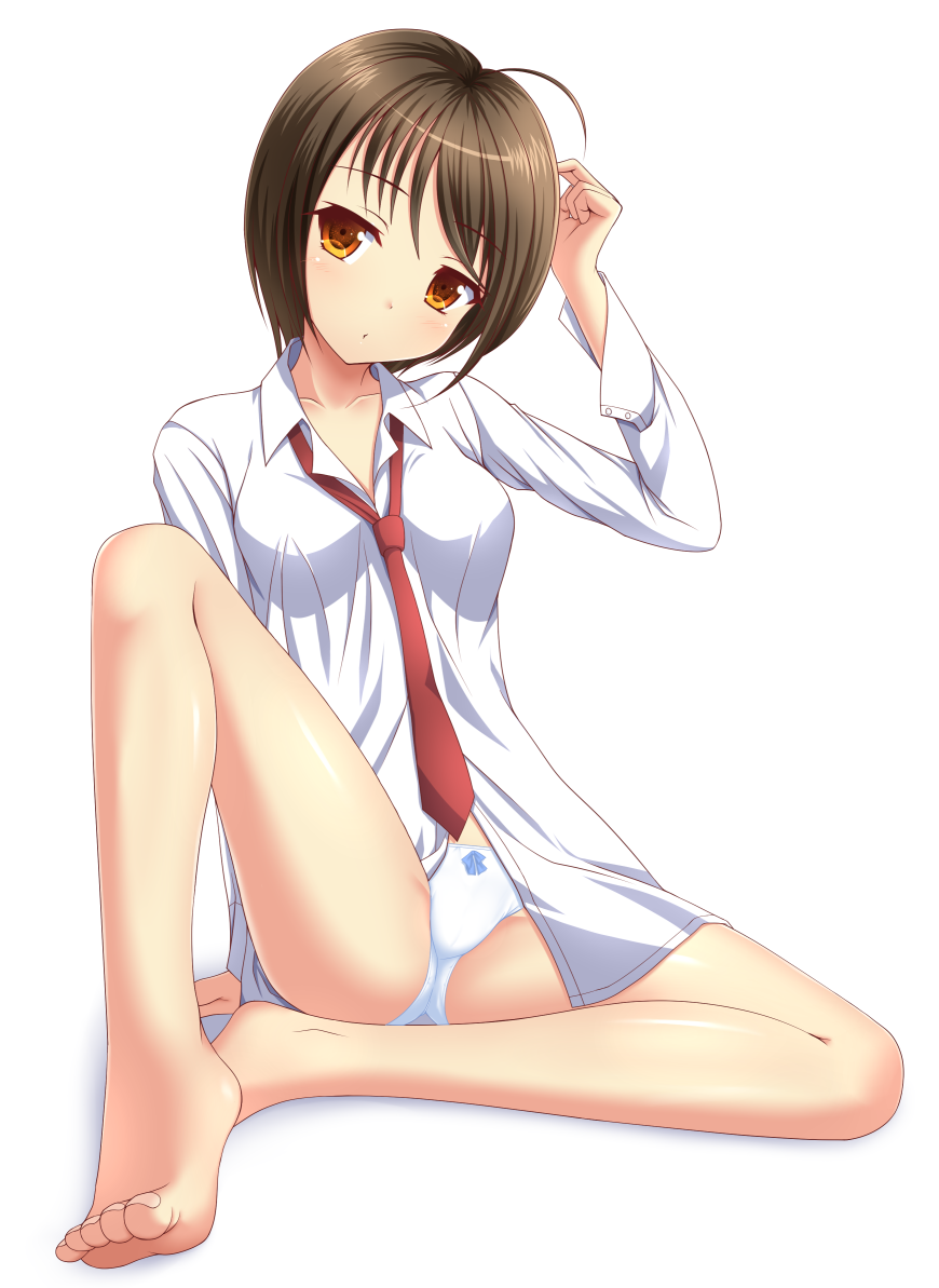 ahoge arm_up bangs bare_legs barefoot bow bow_panties breasts brown_eyes brown_hair collared_shirt commentary_request eyebrows_visible_through_hair full_body head_tilt ki_(kk-sk-ray) long_sleeves medium_breasts necktie no_pants original panties red_neckwear shirt sitting solo underwear white_background white_panties white_shirt