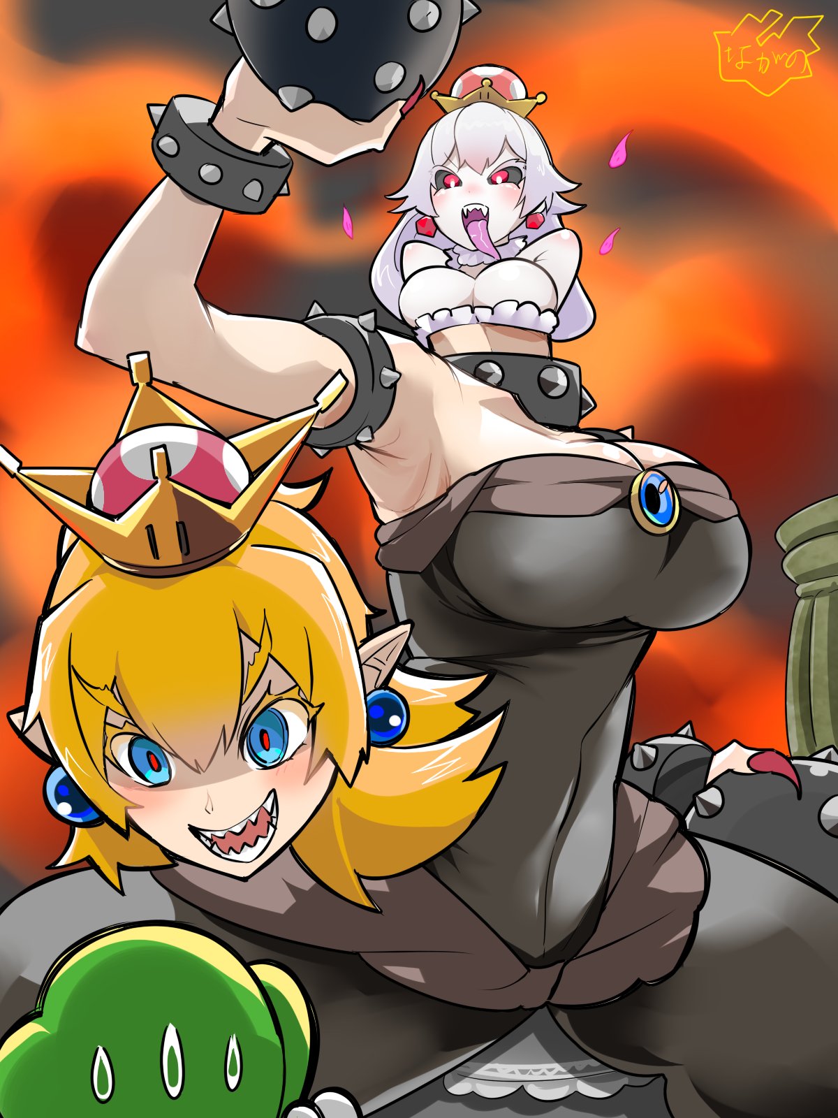 1girl :d armlet bangs black_collar black_dress black_sclera blonde_hair blue_eyes bowsette bracelet breasts brooch cleavage collar colored_eyelashes commentary_request crown disembodied_head dress earrings fingernails highres jewelry large_breasts long_tongue luigi luigi's_mansion mario_(series) nagano_(northern_nine_states) nail_polish new_super_mario_bros._u_deluxe open_mouth pale_skin pointy_ears princess_king_boo red_eyes red_nails red_pupils sharp_fingernails sharp_teeth smile spiked_bracelet spiked_collar spikes spoilers strapless strapless_dress super_crown super_mario_bros. sweatdrop teeth tongue tongue_out white_hair