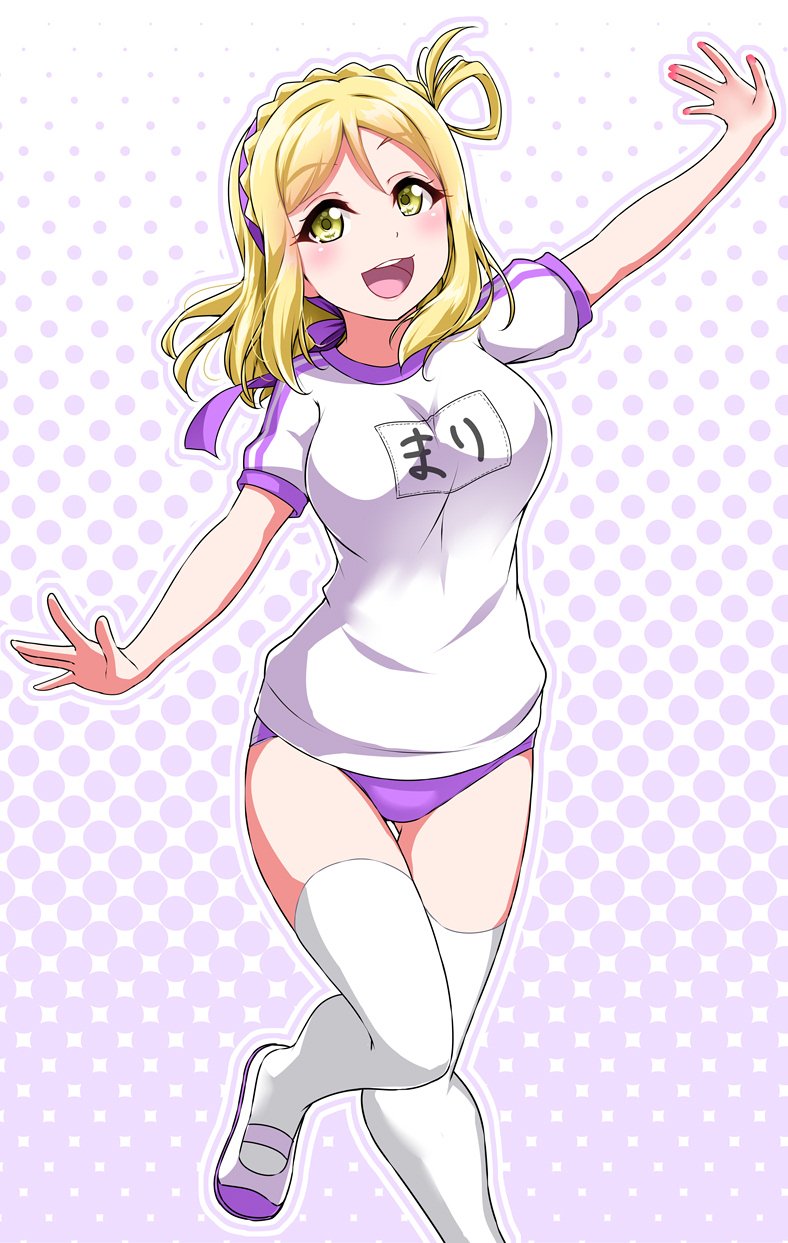 :d blonde_hair blush braid breasts buruma commentary_request crown_braid eyebrows_visible_through_hair green_eyes gym_uniform hair_rings hairband halftone halftone_background highres large_breasts looking_at_viewer love_live! love_live!_sunshine!! medium_hair nail_polish name_tag ohara_mari open_mouth outline outstretched_arms purple_buruma purple_outline purple_ribbon red_nails ribbon round_teeth shirt shoes short_sleeves smile solo spread_arms standing standing_on_one_leg teeth thighhighs upper_teeth uwabaki white_legwear white_outline white_shirt yopparai_oni