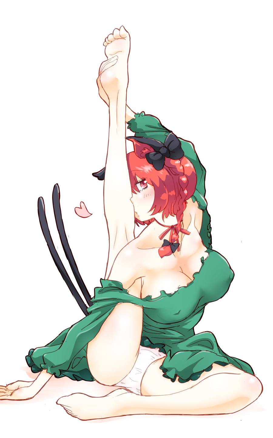 animal_ears arm_up bangs bare_legs bare_shoulders barefoot black_bow blush bow braid breasts cat_ears cat_tail choker cleavage collarbone commentary_request covered_nipples dress eyebrows feet flexible foot_grab frills green_dress hair_between_eyes hair_bow heart highres kaenbyou_rin kiss large_breasts leg_behind_shoulder leg_kiss leg_lift leg_up long_hair long_sleeves looking_at_viewer multiple_tails nekomata non_(z-art) off-shoulder_dress off_shoulder panties pantyshot pantyshot_(sitting) puffy_sleeves red_choker red_eyes red_hair red_ribbon ribbon ribbon_choker shadow sitting solo tail thighs touhou two_tails underwear white_background white_panties