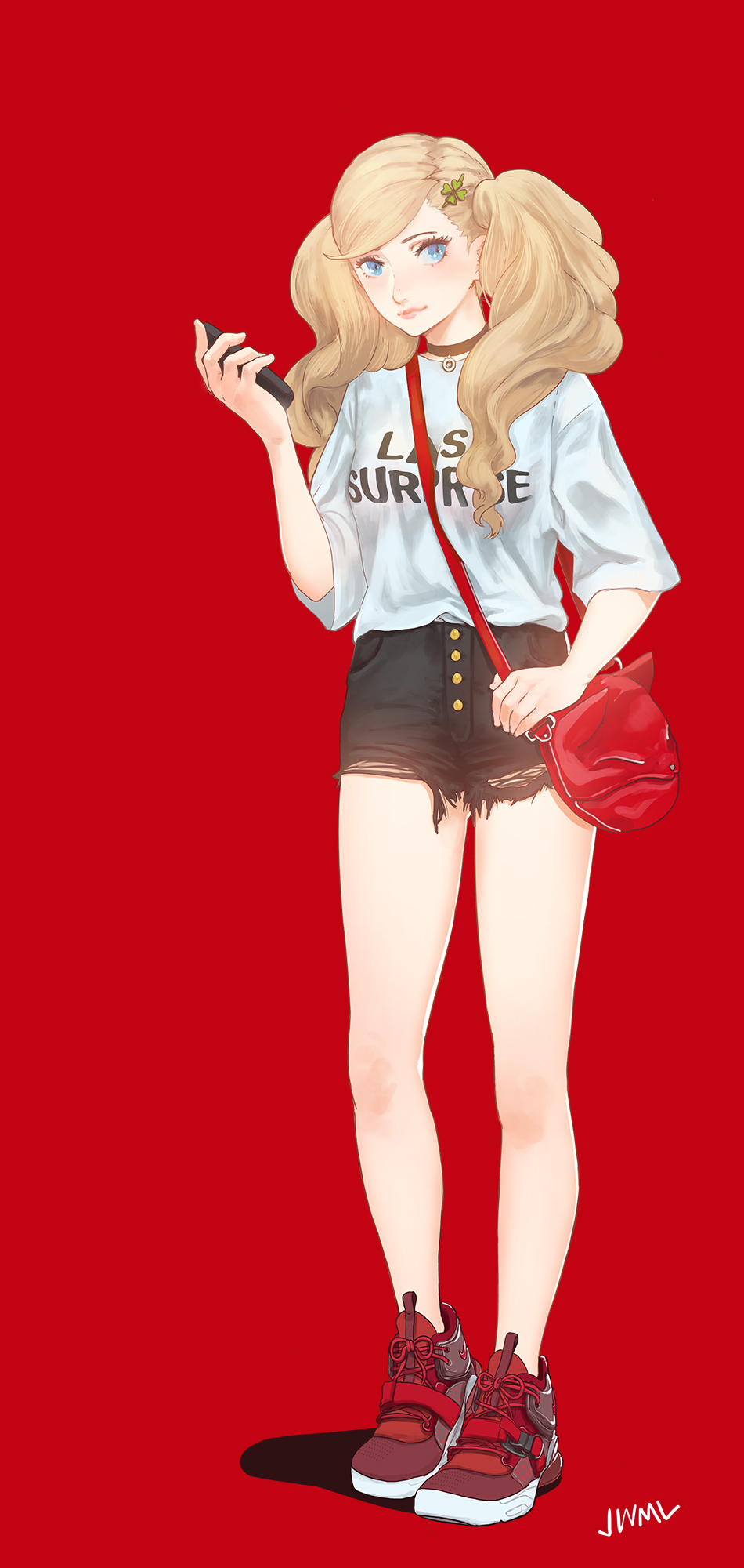 bag black_shorts blonde_hair blue_eyes brown_choker cellphone choker closed_mouth clothes_writing commentary_request full_body hair_ornament hairclip highres holding holding_cellphone holding_phone justin_leyva_(steamy_tomato) light_blush looking_at_viewer persona persona_5 phone red_background red_footwear shirt shoes shorts shoulder_bag signature simple_background smartphone sneakers solo takamaki_anne twintails white_shirt