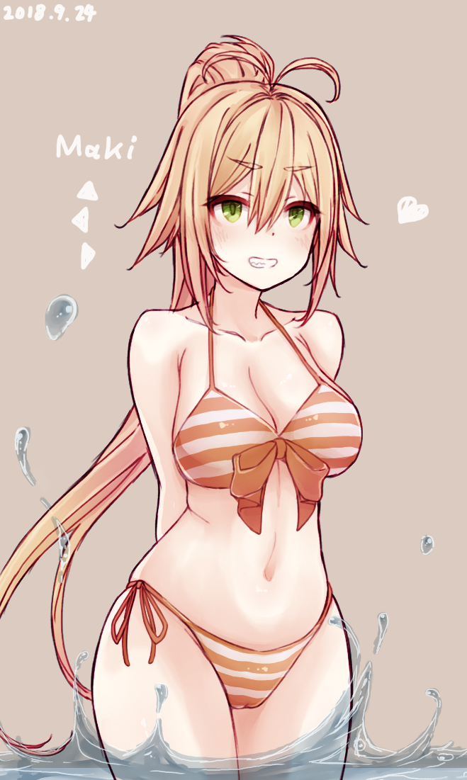 arms_behind_back bikini blonde_hair breasts cleavage commentary_request cowboy_shot dated green_eyes grey_background grin hachikuji large_breasts long_hair ponytail side-tie_bikini simple_background smile standing striped striped_bikini swimsuit tsurumaki_maki twitter_username voiceroid water
