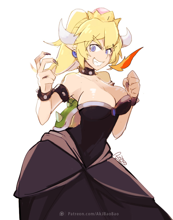 aa2233a armlet black_dress black_nails blonde_hair blue_eyes bowsette bracelet breasts breathing_fire cleavage clenched_hand collar commentary_request crown dress earrings fire hand_up horns jewelry large_breasts looking_at_viewer mario_(series) medium_hair nail_polish new_super_mario_bros._u_deluxe ponytail shell smile spiked_armlet spiked_bracelet spiked_collar spikes standing super_crown super_mario_bros. watermark web_address white_background