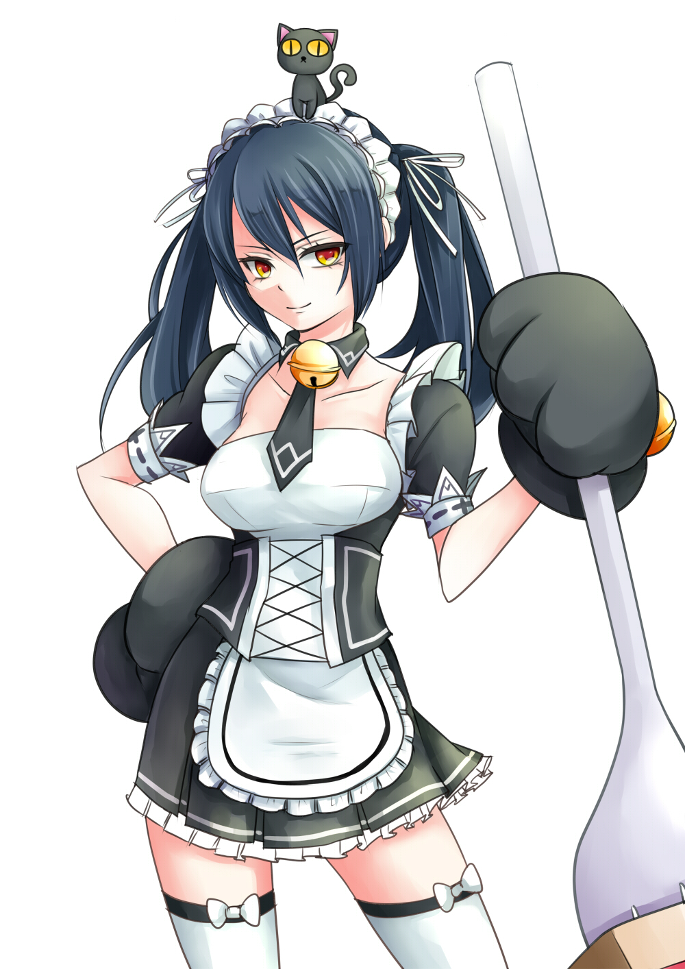 animal animal_on_head apron bell black_cat black_hair cat cat_on_head collarbone elesis_(elsword) elsword fork gloves highres holding holding_weapon kumataro maid maid_apron maid_headdress on_head paw_gloves paws smile twintails weapon