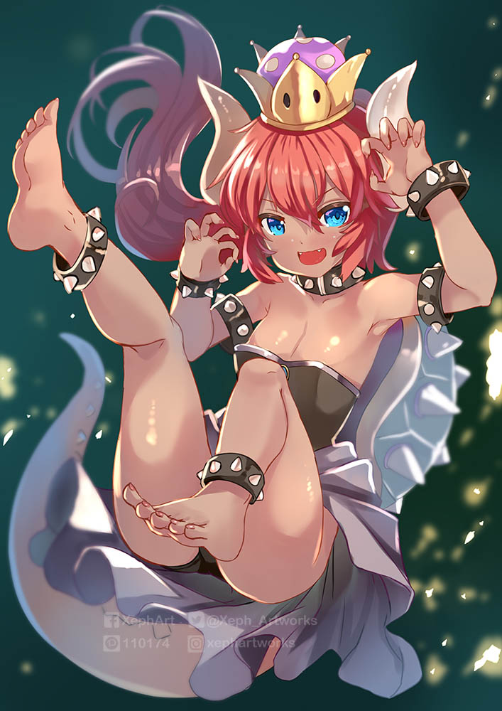 :d alternate_color arm_up ass bangs barefoot black_legwear blue_eyes blurry blurry_background blush bowsette bracelet breasts claw_pose cleavage collar collarbone commentary_request crown dark_skin depth_of_field eyebrows_visible_through_hair fangs feet fingernails hair_between_eyes hand_up horns jewelry leotard long_hair mario_(series) medium_breasts mini_crown new_super_mario_bros._u_deluxe open_mouth red_hair smile solo spiked_bracelet spiked_collar spiked_tail spikes strapless strapless_leotard super_crown tail toenails v-shaped_eyebrows very_long_hair watermark web_address xephonia