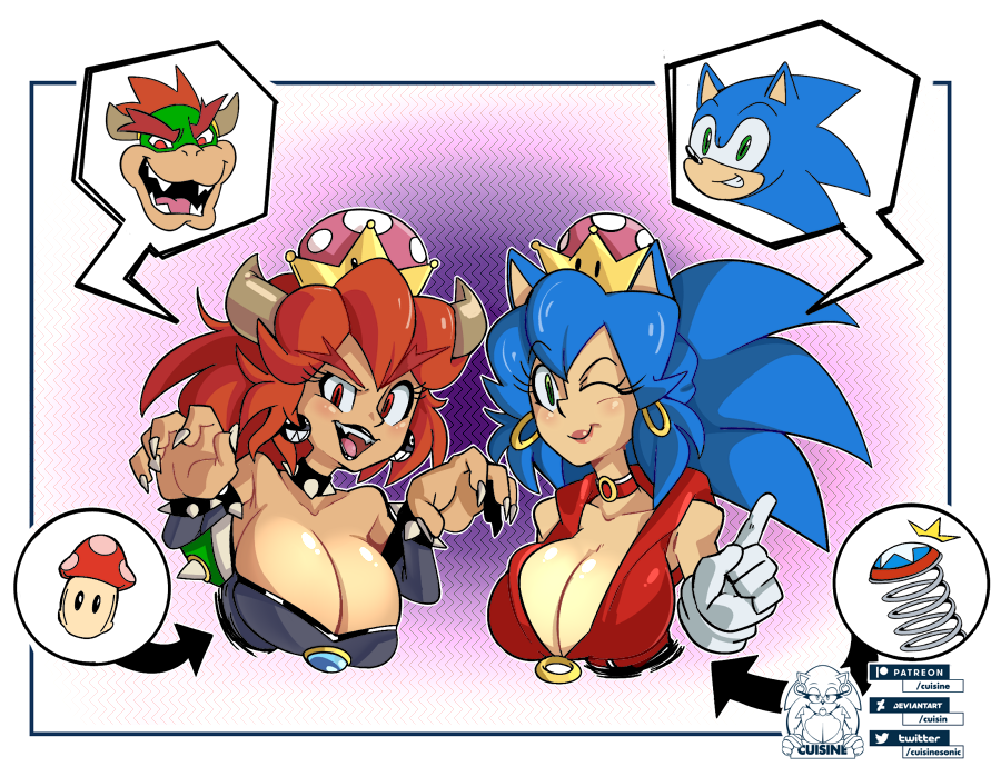 alternate_species animal_humanoid big_breasts blue_hair bowser bowsette_meme bracelet breasts bust_portrait cleavage clothed clothing collar crossgender crossover crown cuisine duo ear_piercing fangs female gloves green_eyes hair humanoid innuendo jewelry koopahime logo mario_bros mushroom nintendo one_eye_closed open_mouth open_smile piercing portrait red_eyes red_hair simple_background smile sonic_(series) sonic_the_hedgehog speech_bubble spiked_collar spikes spring super_crown video_games wink
