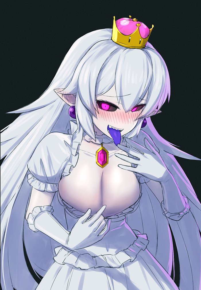 black_background black_sclera blush breasts cleavage crown dress_pull earrings eyebrows_visible_through_hair gem gloves glowing glowing_eyes hand_up iwahana jewelry large_breasts long_hair looking_at_viewer luigi's_mansion mario_(series) new_super_mario_bros._u_deluxe nose_blush pink_eyes pointy_ears princess_king_boo puffy_short_sleeves puffy_sleeves sharp_teeth short_sleeves silver_hair simple_background solo super_crown super_mario_bros. teeth tongue tongue_out upper_body very_long_hair white_gloves