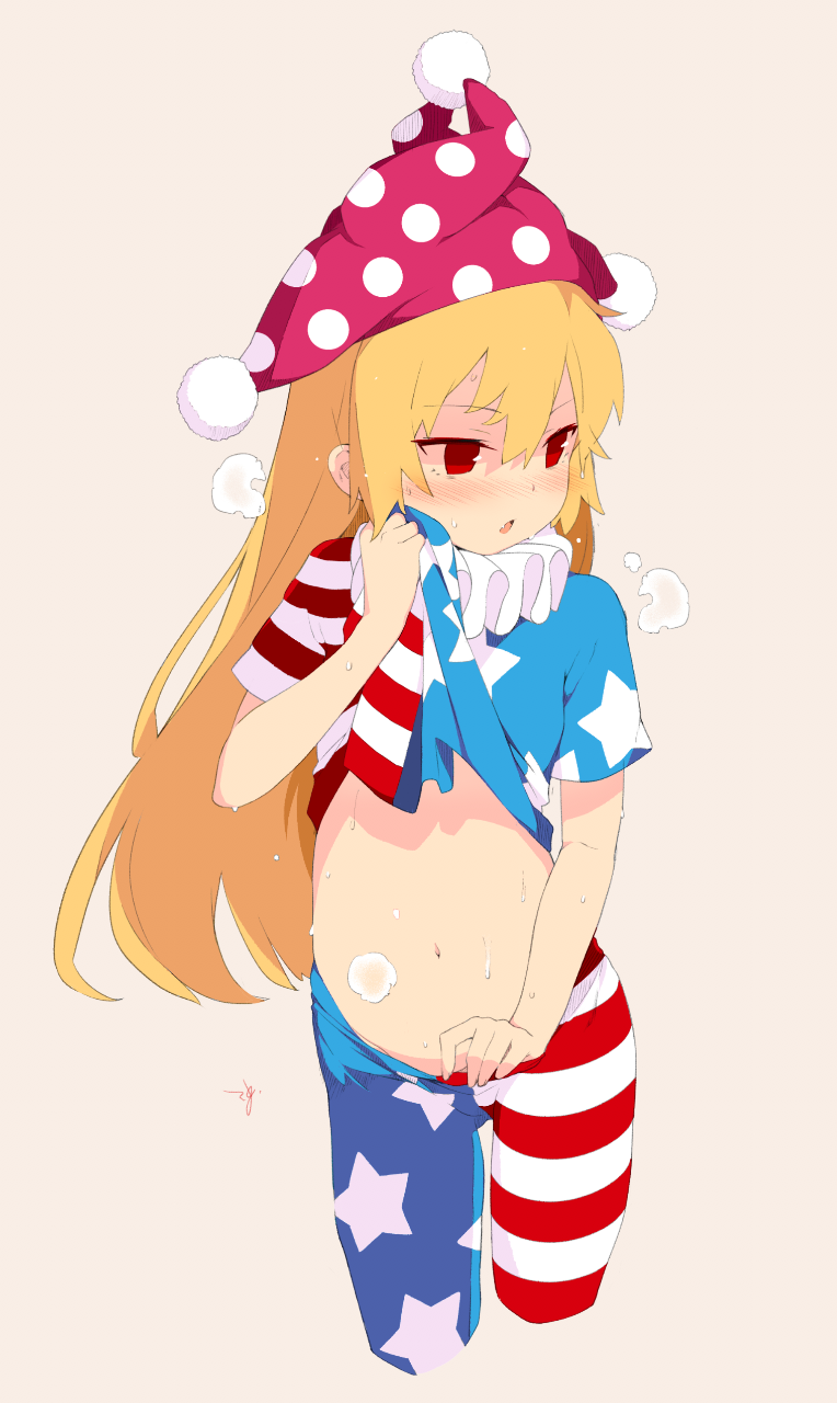 american_flag_legwear american_flag_shirt blonde_hair blush clownpiece commentary_request cropped_legs grey_background hat highres jester_cap long_hair looking_away parted_lips red_eyes saryuu_(iriomote) short_sleeves signature simple_background solo standing stomach striped striped_legwear sweat touhou undressing