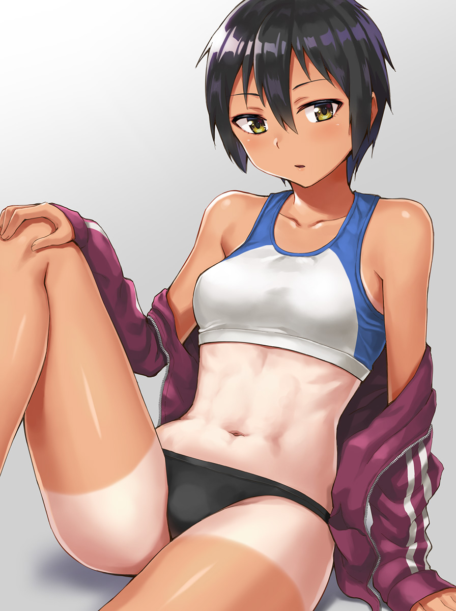 abs arm_support black_hair commentary crop_top hand_on_own_knee hashi highres jacket leg_up midriff navel off_shoulder one-piece_tan original short_hair shorts_tan simple_background sitting solo tan tanline tomboy track_jacket track_uniform yellow_eyes
