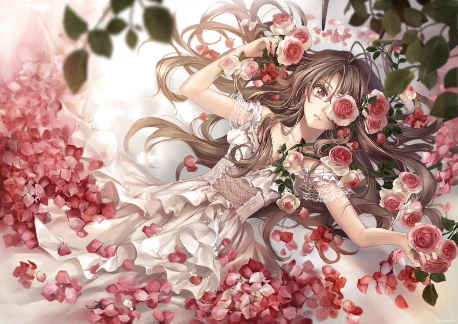 antenna_hair blurry brown_eyes brown_hair collarbone depth_of_field dress eyebrows_visible_through_hair flower hagiwara_rin long_hair looking_at_viewer lying on_back original parted_lips petals smile solo white_dress