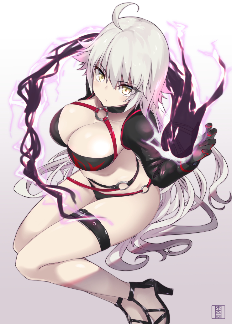ahoge bangs belt bikini black_bikini black_choker black_fire black_gloves black_jacket breasts choker cleavage closed_mouth collarbone commentary_request cropped_jacket dragon eyebrows_visible_through_hair fate/grand_order fate_(series) fire gloves high_heels hips jacket jeanne_d'arc_(alter_swimsuit_berserker) jeanne_d'arc_(fate)_(all) large_breasts legs long_hair long_legs looking_at_viewer murio o-ring o-ring_bikini shrug_(clothing) silver_hair simple_background solo swimsuit thigh_strap thighs very_long_hair white_background yellow_eyes