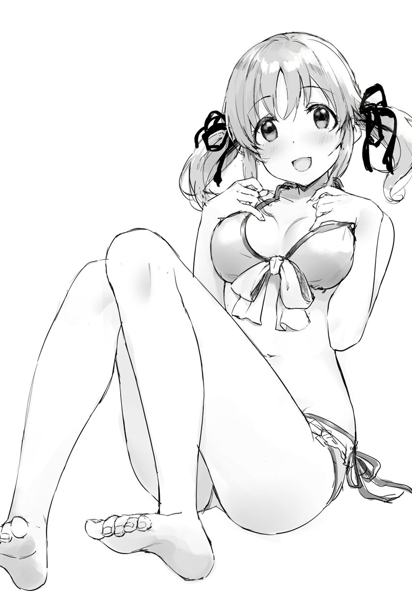 barefoot blush breasts bvucki36gzoeq1c collarbone eyebrows_visible_through_hair greyscale hair_ribbon highres idolmaster idolmaster_cinderella_girls looking_at_viewer medium_breasts monochrome navel open_mouth ribbon short_hair short_twintails sketch smile solo swimsuit totoki_airi twintails