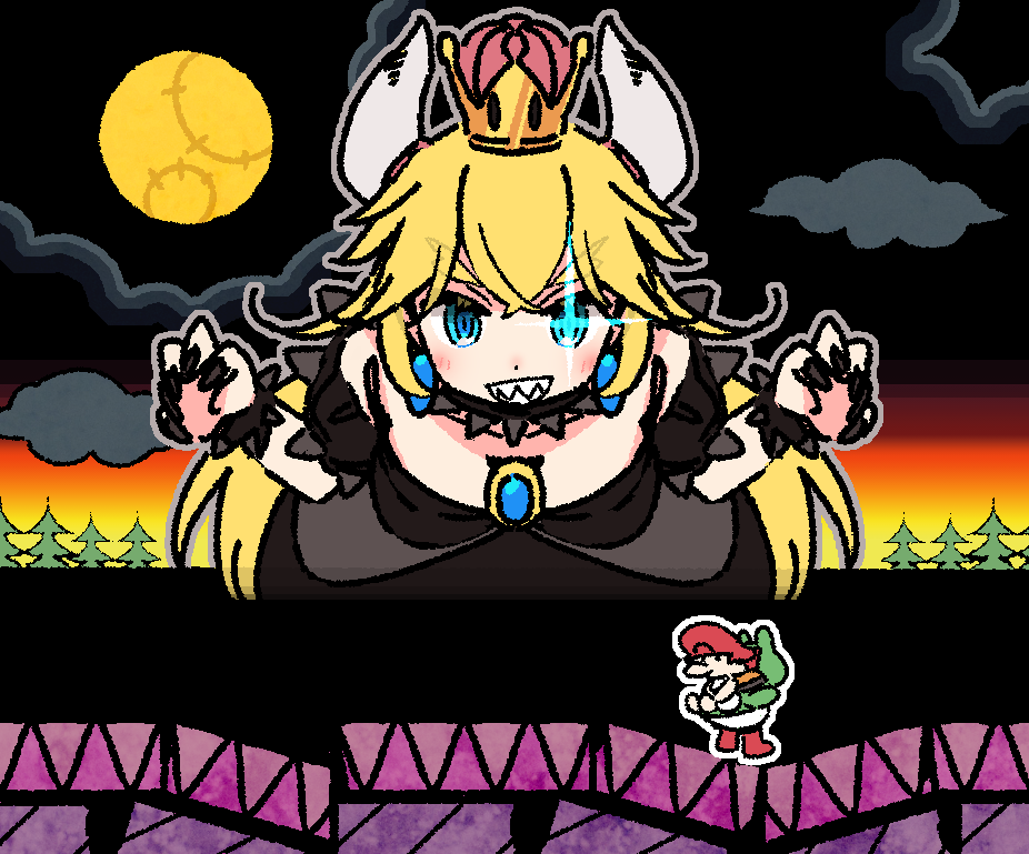 baby_mario bangs bare_shoulders black_dress black_nails blonde_hair blue_eyes bowsette bracelet brooch cloud cloudy_sky collar commentary crown dress earrings evening eyebrows_visible_through_hair fake_screenshot fingernails full_moon giantess grin hat horizon horns jewelry long_hair looking_at_another mario mario_(series) moon nail_polish new_super_mario_bros._u_deluxe outdoors riding sharp_fingernails sharp_teeth size_difference sky smile sparkle spiked_bracelet spiked_collar spikes standing stitches strapless strapless_dress sunset super_crown super_mario_bros. super_mario_world_2:_yoshi's_island teeth thick_eyebrows v-shaped_eyebrows very_long_hair yoru_nai yoshi